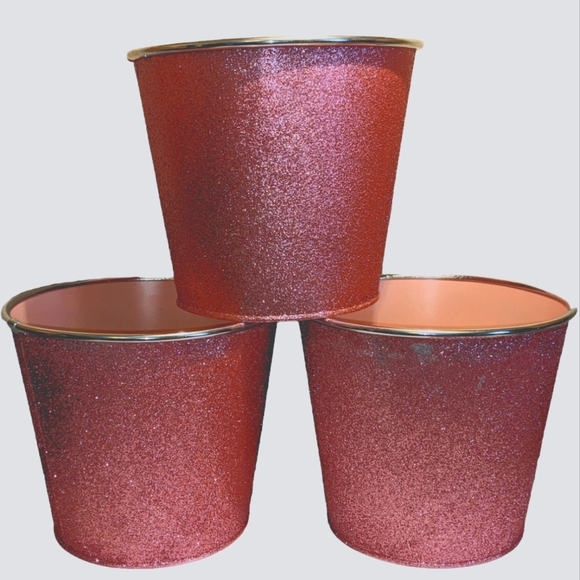 Angel Heart Treasures Other - Pink Glitter Covered Metal Pail Planters Set of 3